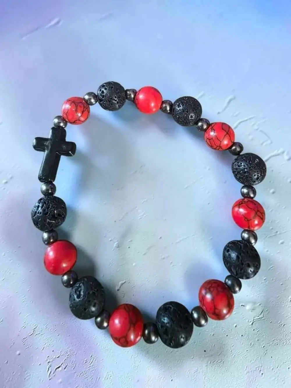 Red and Black Lava Rock Cross Bracelet